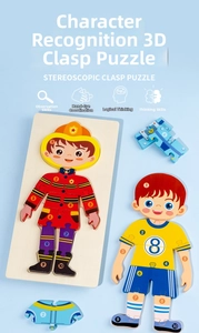 Detailed view of 3D wooden firefighter puzzle with numbered pieces for toddler learning