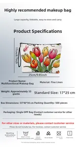 Detailed spec sheet of tulip print linen makeup bag showing size 25x17cm and 33g weight