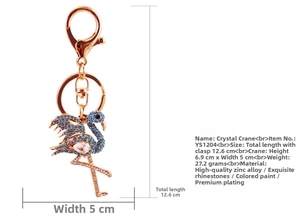 Detailed view of red-crowned crane keychain with blue rhinestones and dimensions