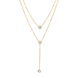 Double-layered gold titanium necklace with sparkling zircon pendants and tassel design