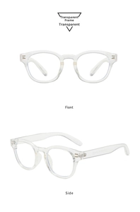 Detailed front and side view of transparent round full-frame sunglasses with metal hinges