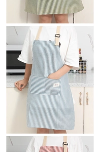 Detailed view of adjustable neck buckles on striped cotton linen kitchen aprons