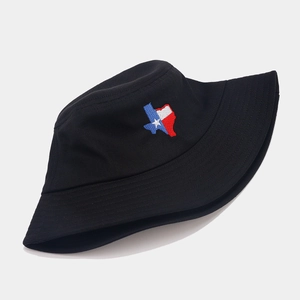 Embroidered Texas state flag bucket hat in black cotton twill, side view outdoor sun cap
