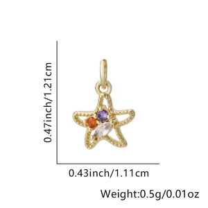 Close-up of golden starfish pendant with colorful rhinestones and size dimensions
