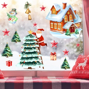 Adesivi natalizi con Babbo Natale e scena invernale su vetro per decoro domestico