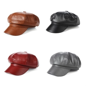 Women PU Leather Newsboy Cap Retro Octagonal Baker Boy Hat Solid Color Fashion Painter Beret For Autumn Winter