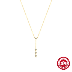 Y-Shaped Necklace 925 Sterling Silver Gold Plated Vertical Four Round Cubic Zirconia Pendant Dainty Minimalist Women Jewelry