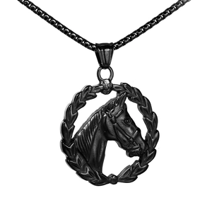 Vintage stainless steel necklace featuring a circular horse head pendant in black finish