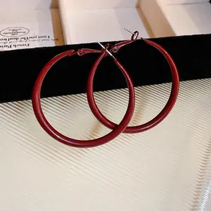 Chic burgundy matte geometric hoop earrings with a vintage French aesthetic for women