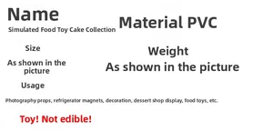 Detailed specifications for PVC miniature cake charms including safety warnings and usage
