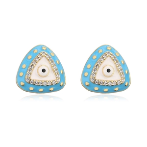 Detail of 18K gold triangle earrings with blue oil drop eye motif and pavé crystals
