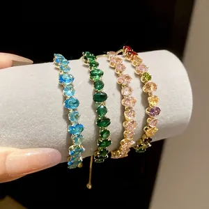 Bracelet En Cuivre Zircon Coupe Ovale Coulissant Réglable Plaqué Or Luxe Léger Élégant Bijoux De Mode Pour Femmes Cadeau