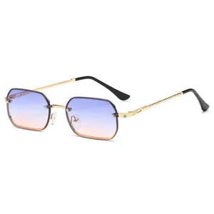 Small Frame Rimless Metal Sunglasses Retro Rectangular Geometric UV400 Twisted Temple Eyewear For Men Women