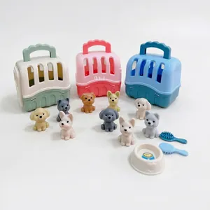 Kids pretend play pet toy set with 10 puppies, 3 colorful cages, and grooming accessories