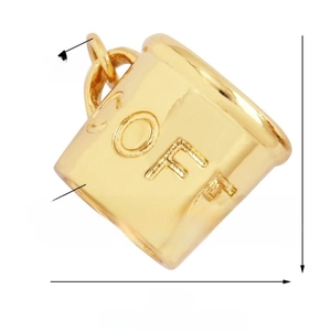 Detail view of a golden alloy coffee cup charm with COFFEE engraving and dimensions