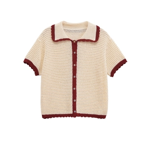 Women Knitted Cardigan And High Waist Shorts Retro Polo Collar Scalloped Trim Contrast Color Casual Streetwear