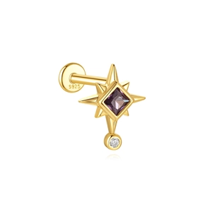 Detail of S925 sterling silver golden star ear stud with purple gem and hallmark
