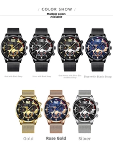 Showcase of seven men's quartz watches with stainless steel mesh bands and calendar design