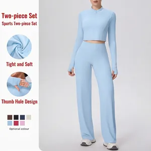 Ensemble de Yoga pour Femmes Veste à Manches Longues Nervurée Avec Fermeture Éclair et Pantalon Large à Taille Haute