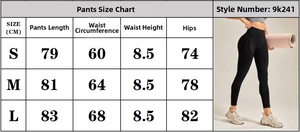 Tableau des tailles pour pantalon de yoga à taille haute incluant longueur, taille et hanches