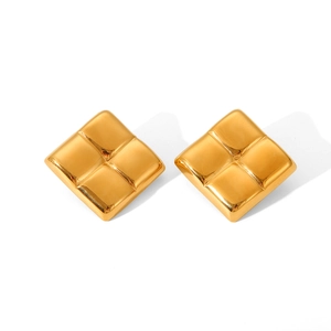 Detailed view of square geometric gold earrings with textured quilted metallic pattern