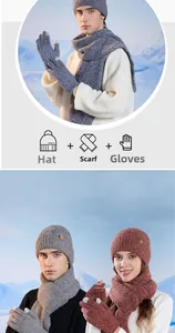 Detailed knit texture of winter hat scarf and gloves set with soft thermal fleece lining
