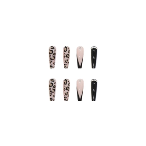 Long ballet leopard print press-on nails with luxury rhinestones and black pearl accents