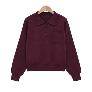 Women Dark Red Long Sleeve Knit Polo Sweater Lapel Collar Pullover Top With Pocket Ribbed Cuffs Elegant Casual Knitwear