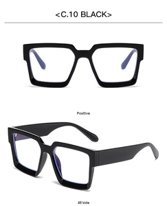 Close-up of black square thick frame glasses showing front and 45-degree side views