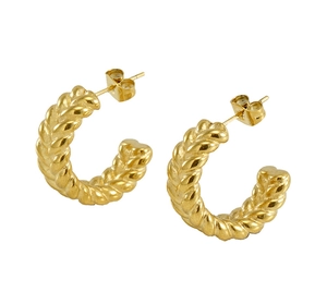 Detail of 18k gold plated twisted C-shape hoop earrings with woven texture on white background