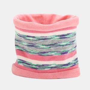 Kids warm winter fleece lined striped snood scarf in pink gray and white colors