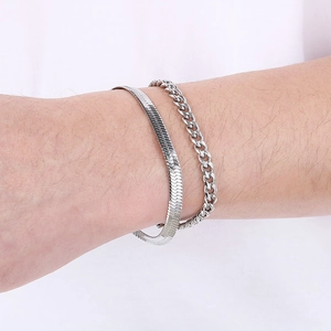 Silver flat snake and Cuban chain bracelet set shown on wrist for a minimalist hip-hop style