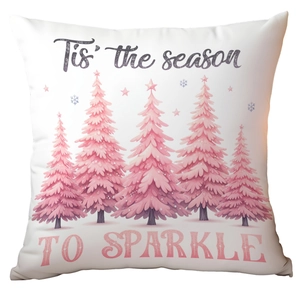 Detail showing pink watercolor Christmas trees and 'Tis the season to sparkle' text on pillowcase