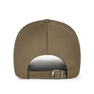 Rear view of khaki business baseball cap with adjustable silver metal buckle strap