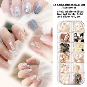 Detailansicht des 12-Raster-Nagelkunst-Kits mit Muschelsteinen, Nieten und Goldfolienflocken