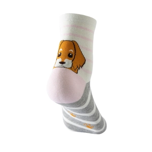 Detail view of cotton sock featuring a cute cartoon dog pattern and paw prints on the heel