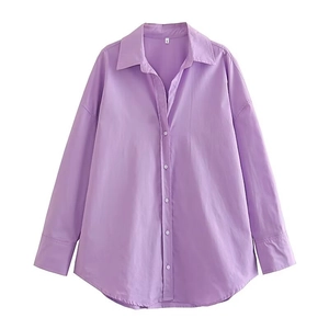 Detail of purple cotton poplin shirt showing the collar, buttons, and size L label