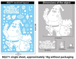 Detailed dimensions of Santa Claus window decals and Merry Christmas snowflake stickers