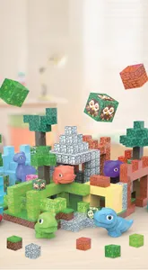 Detail of magnetic building blocks with pixelated textures and colorful dinosaur toy pieces