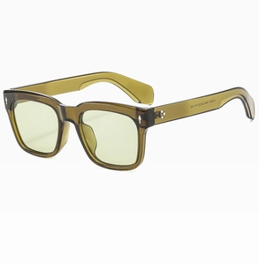 Detailed 45-degree angle of olive green rectangular sunglasses with silver arrow rivets