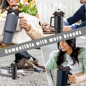 Black glitter bow straw topper accessory for large tumblers shown in various lifestyle settings