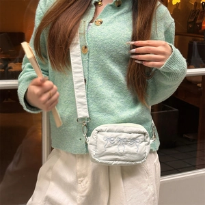 Detail der hellgrünen Nylontasche mit blauer Schmetterlingsstickerei und Tragegurt