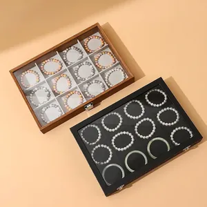 Jewelry Organizer Box Glass Lid Multiple Compartments Wood Grain PU Leather Velvet Lining Dustproof Lockable Display Case