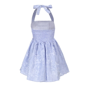 Close-up of lavender halter neck dress with textured jacquard fabric and elastic back