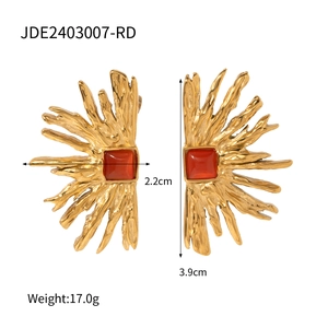 Detail view of 18k gold earrings with red cat eye stone and size specs of 3.9cm