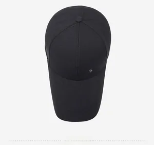 Top down view of black men's baseball cap featuring a durable six-panel crown design