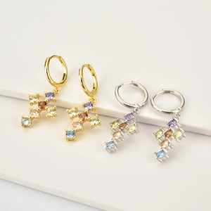 Minimalist 925 sterling silver cross earrings with colorful gemstones in gold and silver