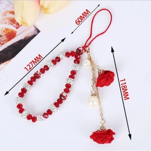 Red beaded mobile strap with flower pendant and dimensions showing total length