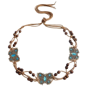Böhmische geflochtene Taillenkette mit Bronze-Schmetterlingen und blauen Edelsteinen