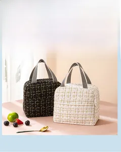 Detail of tweed insulated lunch bag showing durable handles and 3.3kg load capacity
